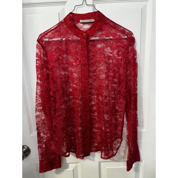 Christopher Kane Tops - Christopher Kane Womens S Red Floral Lace Sheer Button Front Long Sleeve Blouse